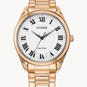Elegant gold Citizen wristwatch with Roman numeral dial.