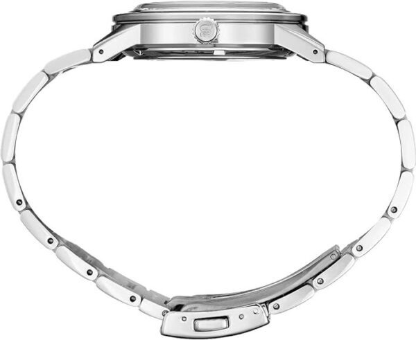 Side view of a stainless steel wristwatch with a metal link bracelet.