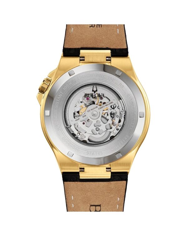 Back view of a gold wristwatch showing its mechanical movement.
