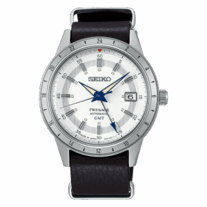 Silver Seiko wristwatch with white dial and black leather strap.
