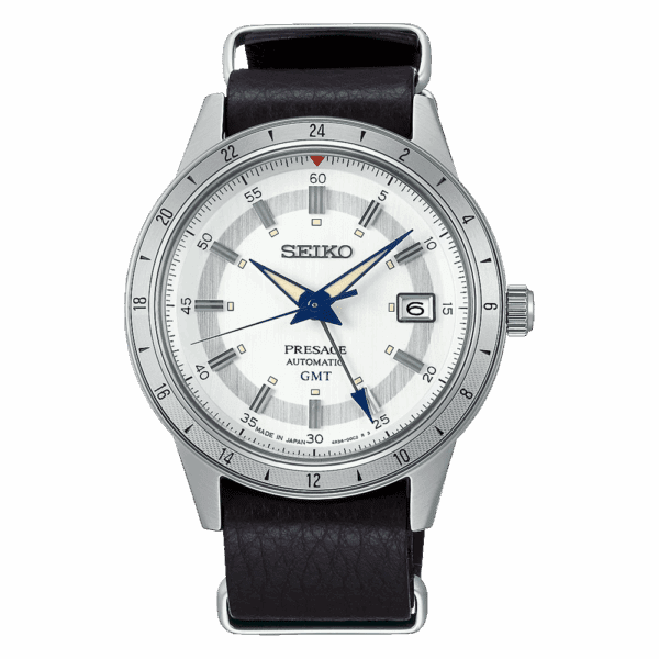 Silver Seiko wristwatch with white dial and black leather strap.