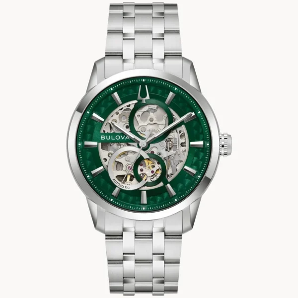 Elegant silver wristwatch with a green dial and visible mechanical movement.