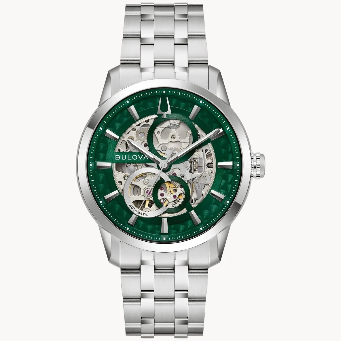 Elegant silver wristwatch with a green dial and visible mechanical movement.