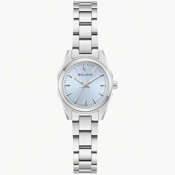 Elegant silver wristwatch with a light blue face and metal bracelet.