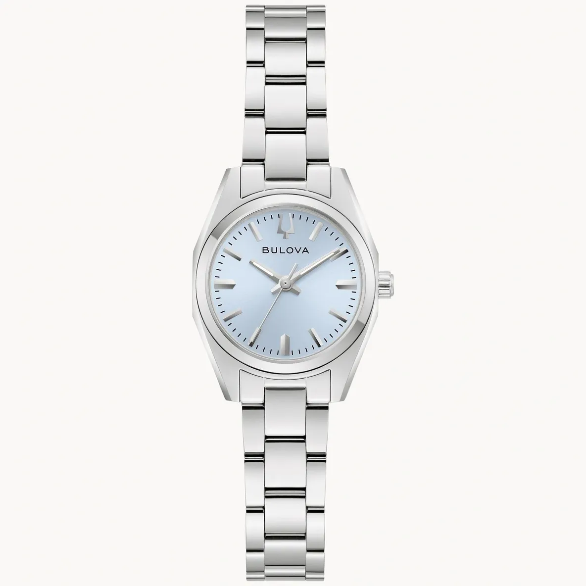 Elegant silver wristwatch with a light blue face and metal bracelet.