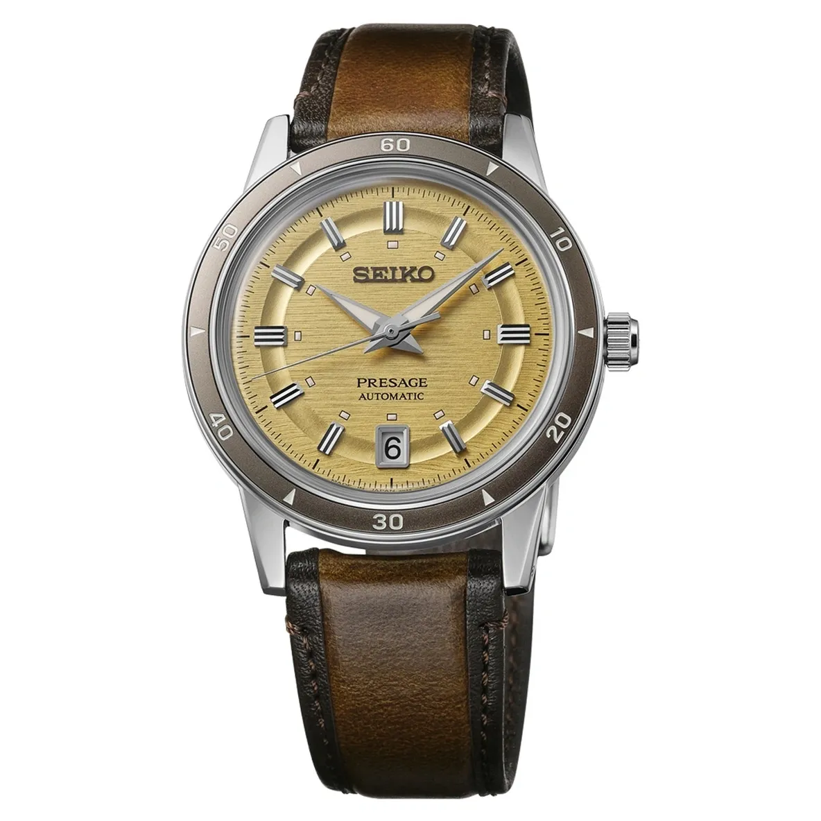 Seiko watch with a yellow dial and brown leather strap.