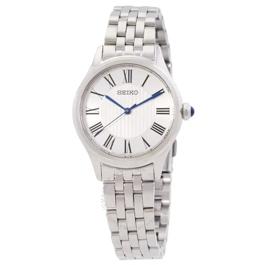 Elegant silver wristwatch with Roman numerals and blue hands.