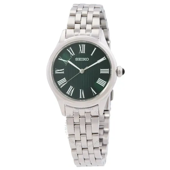Elegant silver wristwatch with a black dial and Roman numerals.