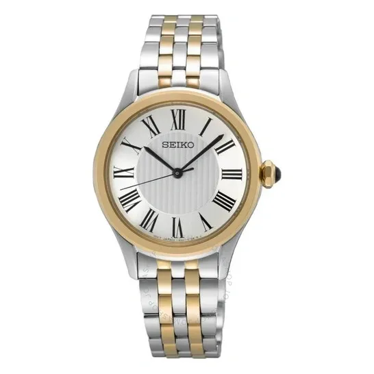 Elegant two-tone wristwatch with Roman numerals and a silver-white dial.