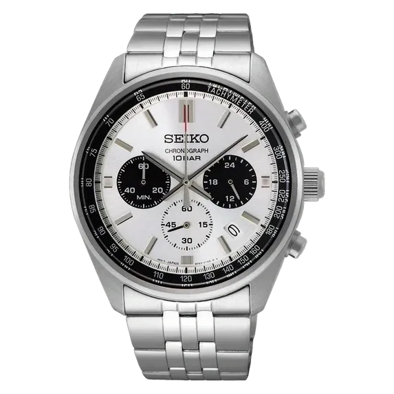 Silver Seiko chronograph watch with black subdials and metal bracelet.