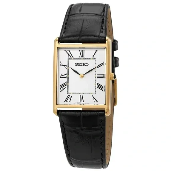 Elegant rectangular gold watch with black leather strap and Roman numerals.