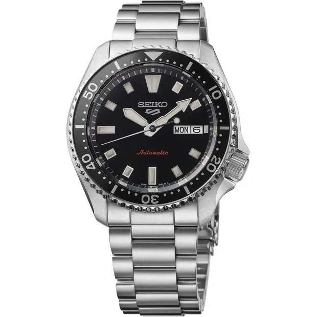 Seiko Prospex dive watch with stainless steel bracelet and black dial.