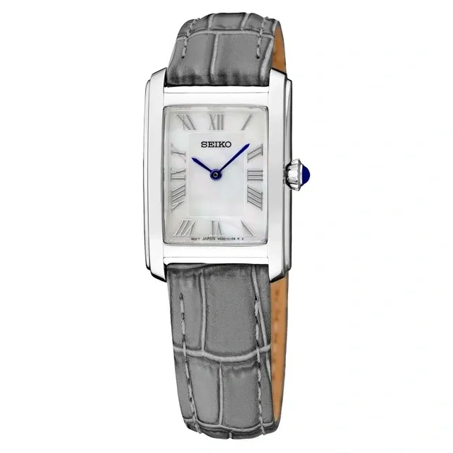 Elegant rectangular silver wristwatch with gray leather strap and blue hands.