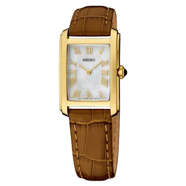 Elegant rectangular gold watch with a brown leather strap.