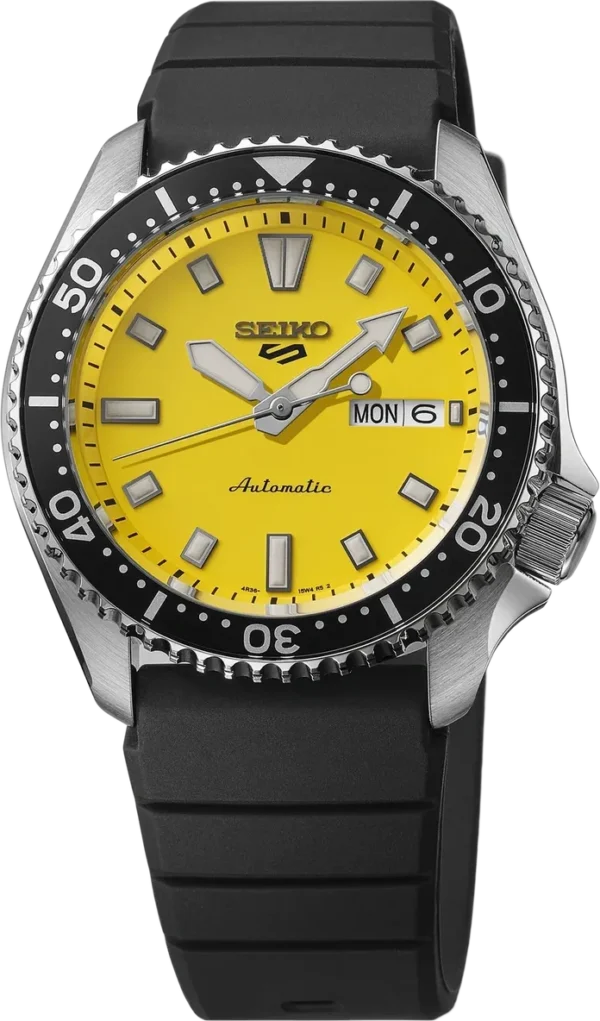 Seiko 5 automatic watch with a vibrant yellow dial and black bezel.