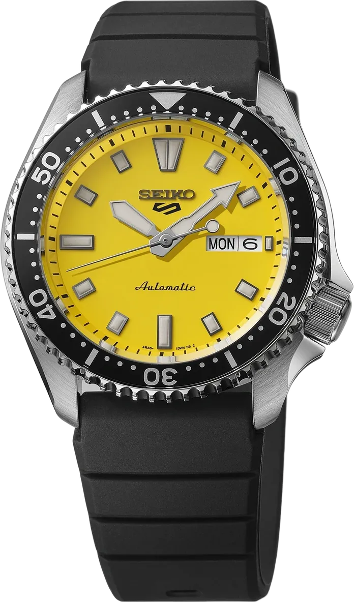 Seiko 5 automatic watch with a vibrant yellow dial and black bezel.