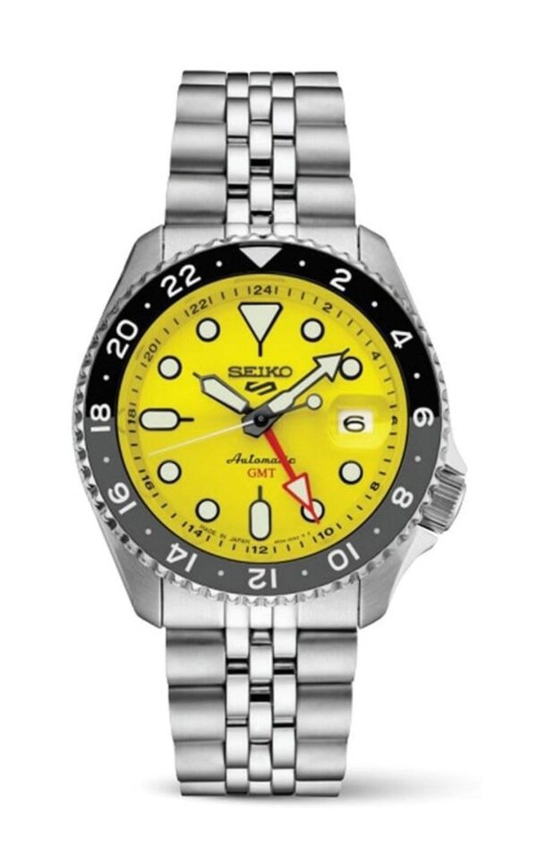 A Seiko wristwatch with a yellow dial and stainless steel band.