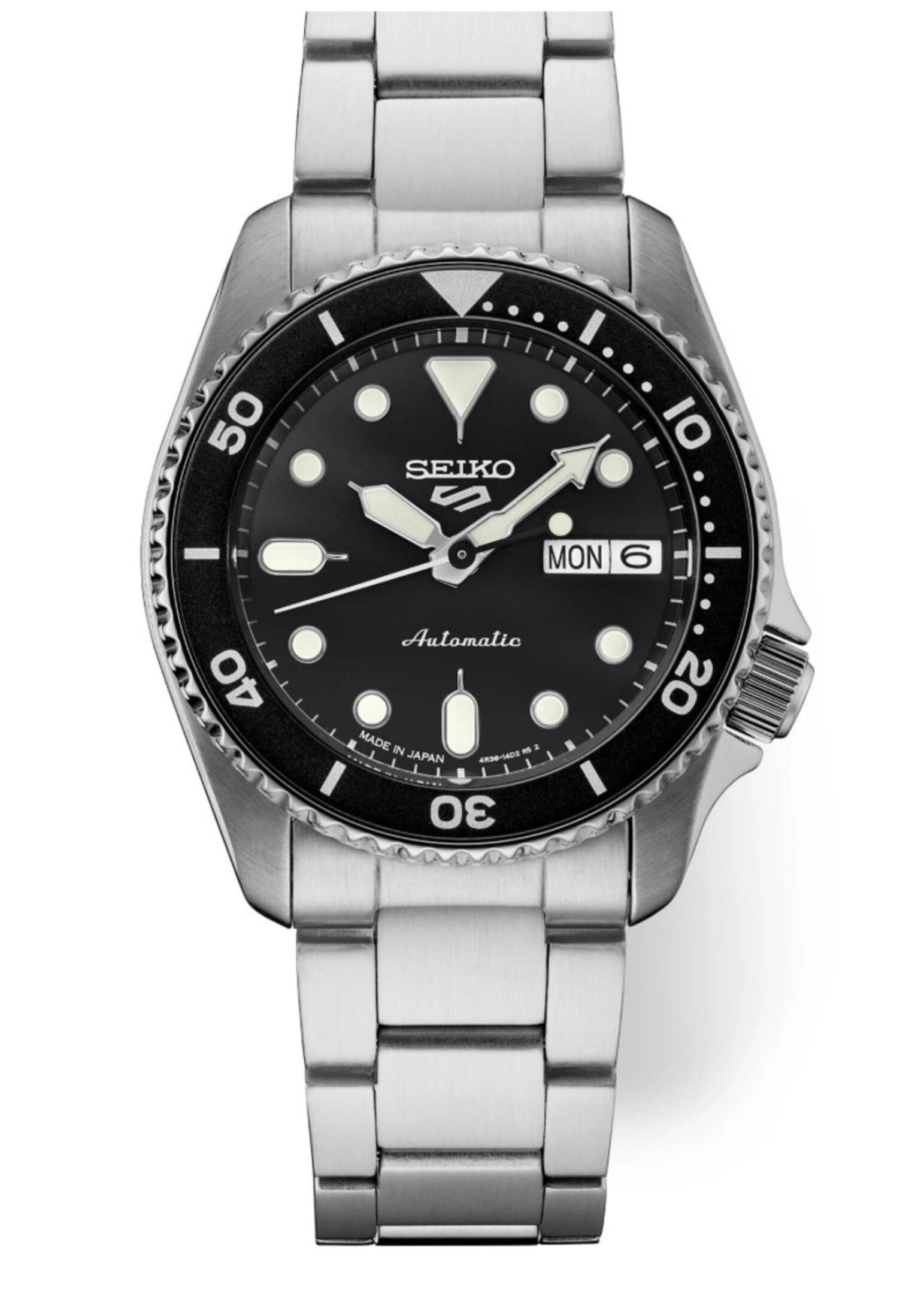 Seiko automatic diver's watch with black dial and stainless steel bracelet.
