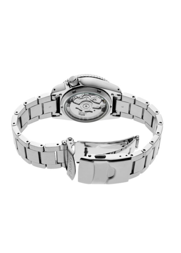 Silver wristwatch with a metal band and visible back mechanism.