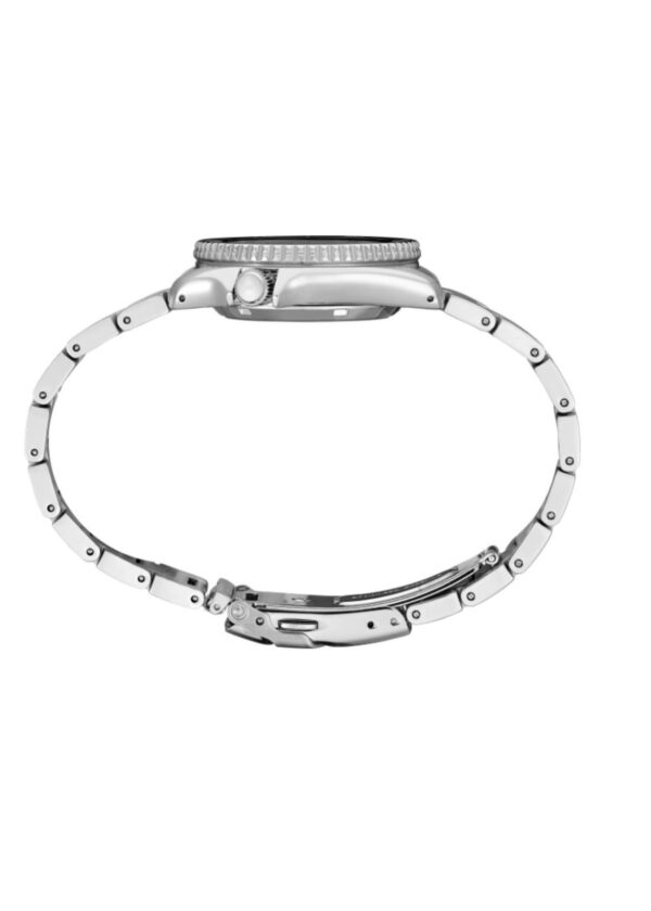 Side view of a silver wristwatch with a metal link bracelet and a round case.
