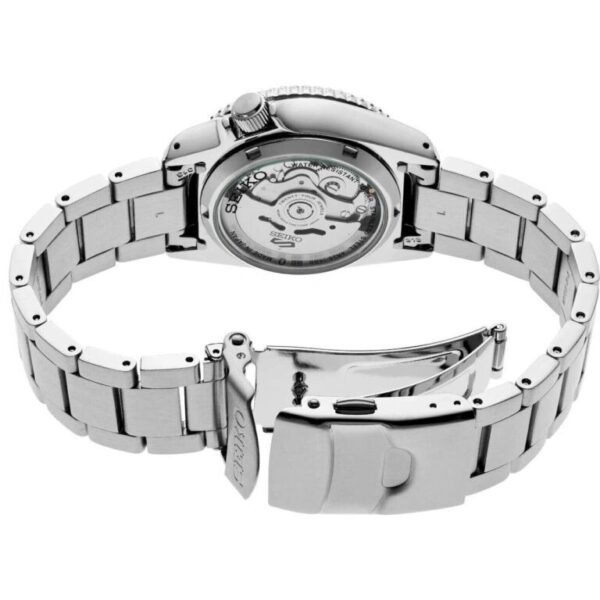 Back view of a silver wristwatch with an open clasp showing its mechanical movement.