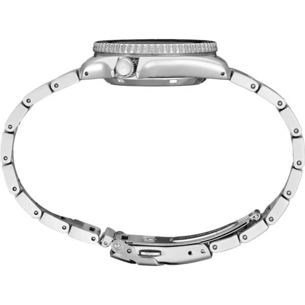 Side view of a silver wristwatch with a metal link bracelet.