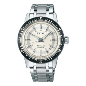 Silver Seiko wristwatch with a white dial and black bezel.