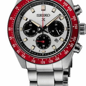 Seiko chronograph watch with red bezel and stainless steel bracelet.