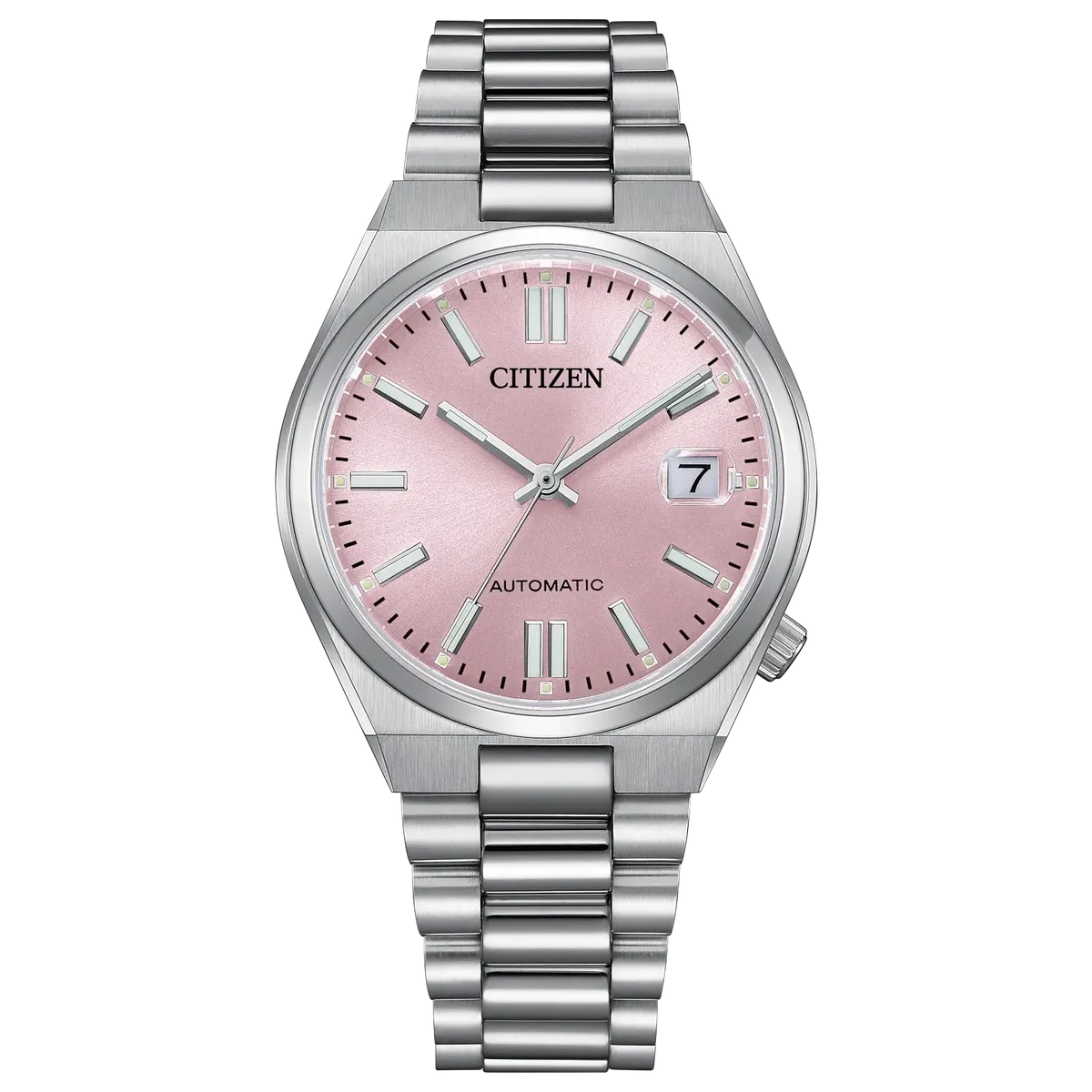 + Elegant Citizen watch with pink dial and silver metal band.